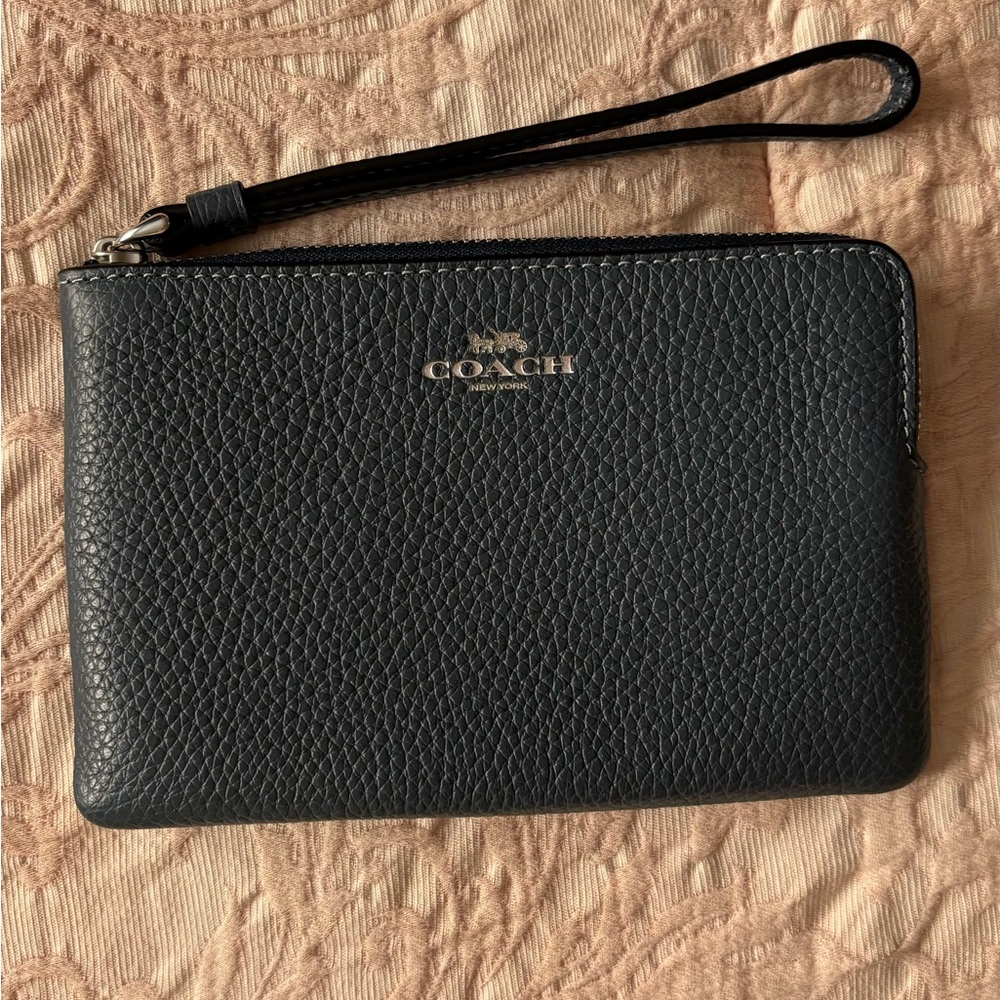 Coach Navy Pebbled Leather Zip Wristlet with Gold Logo
